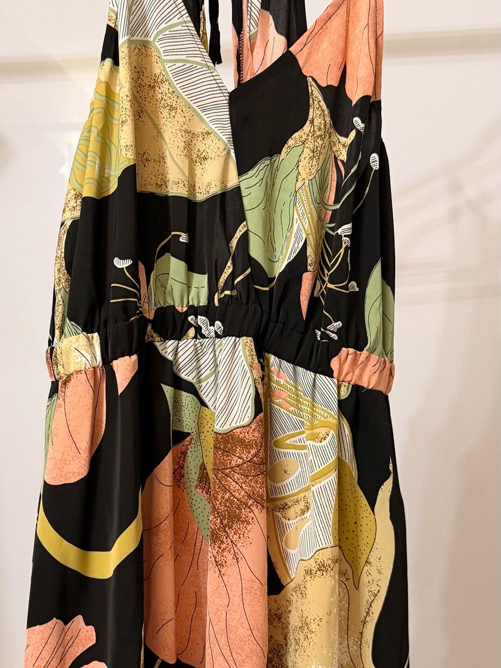 Cupshe One-Shoulder Black Maxi Dress with Peach, Green and Yellow Floral Print